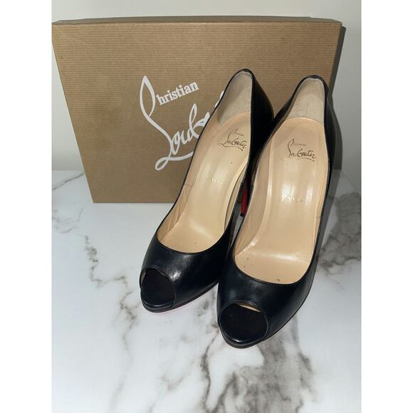 ChristianLouboutin Black Peep-Toe Stiletto Heels Size39 with Signature Red Soles - Picture 1 of 4